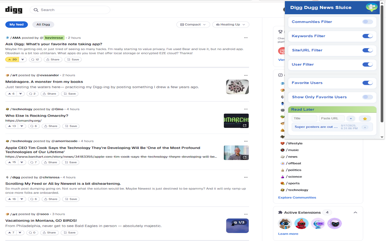 A screenshot of the Digg Dugg News Sluice browser extension in action, showing a filtered Digg.com news feed.